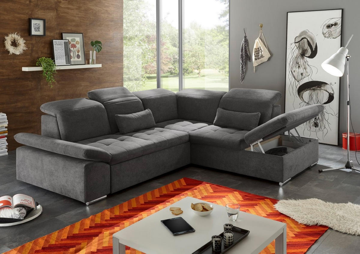 ECKSOFA mit Schlaffunktion mit Bettkasten und verstellbaren Kopf- und Rückenlehnen - Chromfarben/Grau, Textil (240/276cm) - ed exciting design