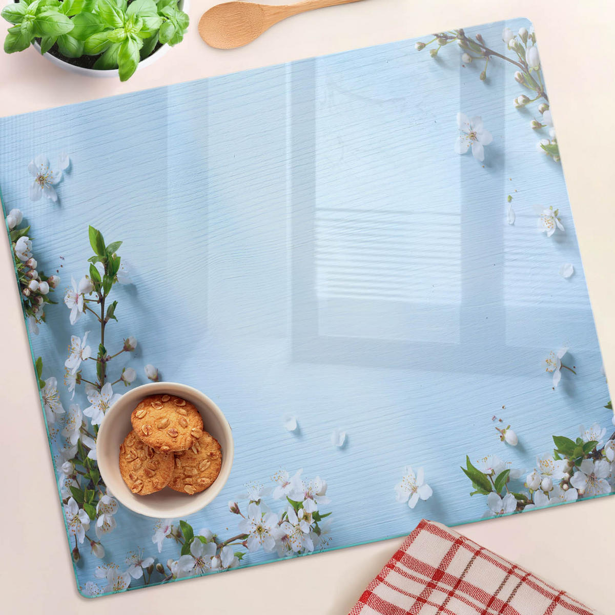 GLASPLATTE 60x52 cm Kirschblüten - Blau, Glas (60/0.4/52cm) - TULUP