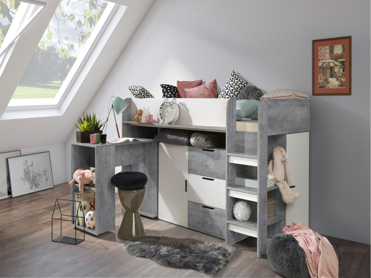 HOCHBETT mit Schreibtisch 90/200 cm - Schwarz/Weiß, Holz (90/200cm) - Abiks Möbel
