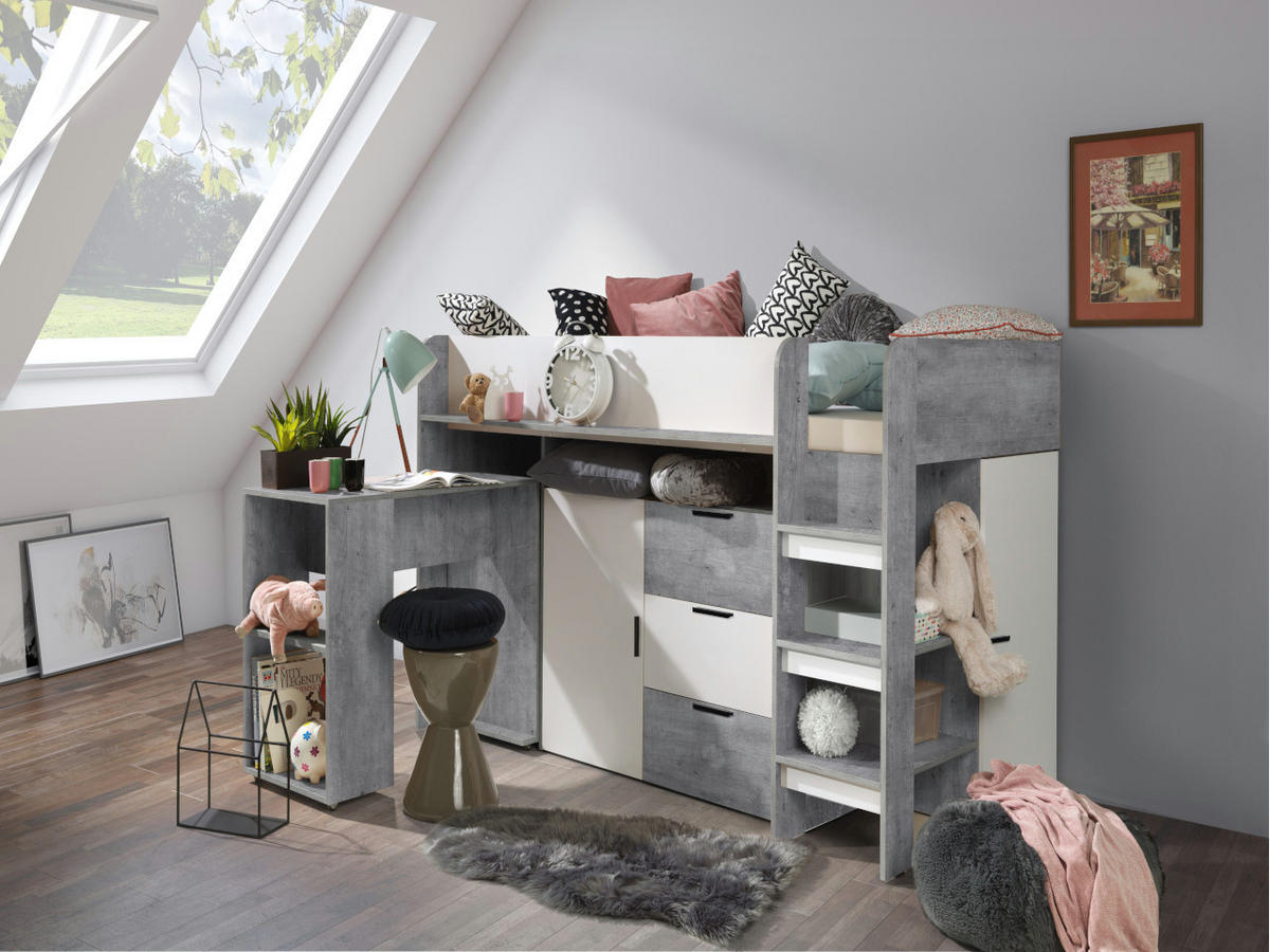 HOCHBETT mit Schreibtisch 90/200 cm - Schwarz/Weiß, Holz (90/200cm) - Abiks Möbel