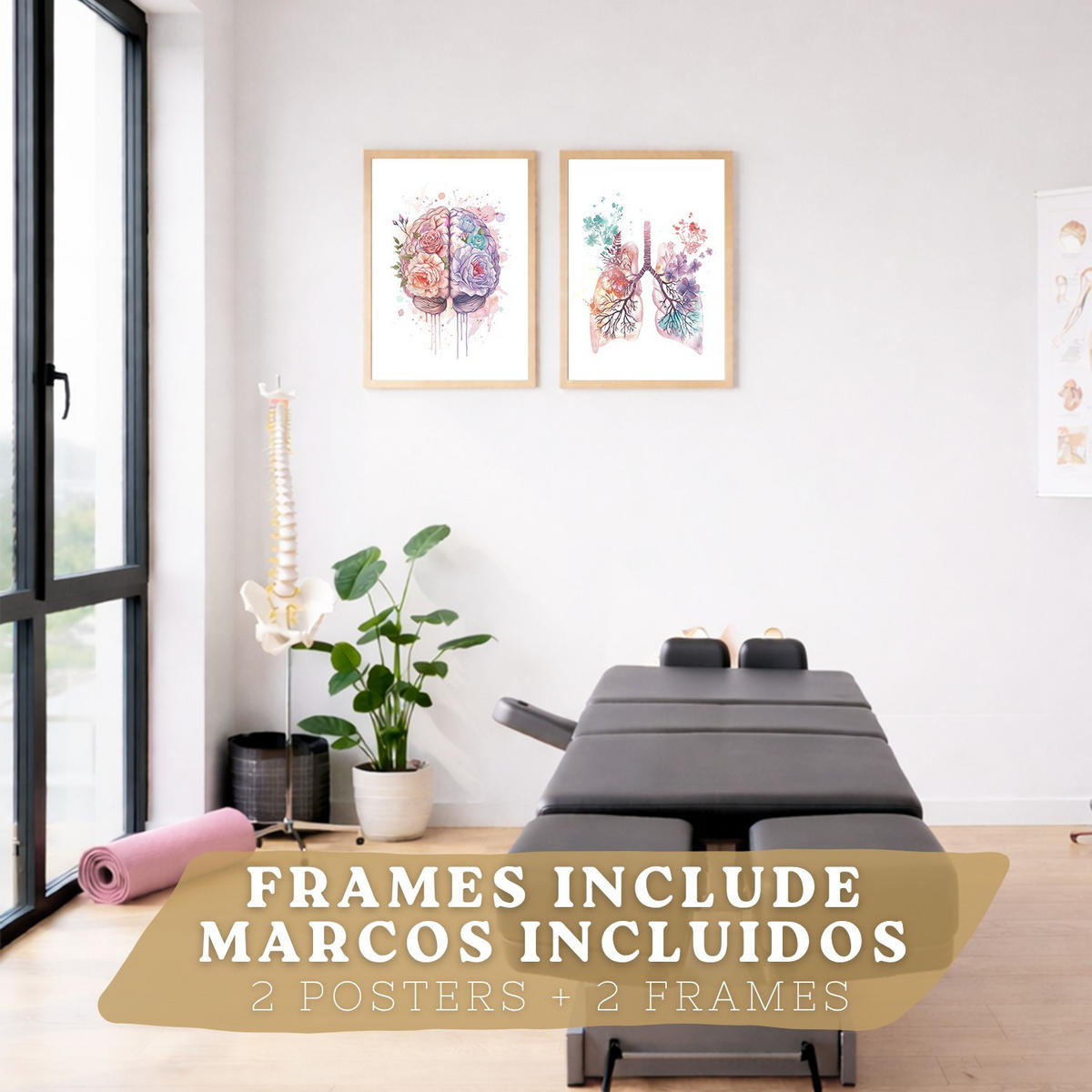 POSTER Set aus 2 Anatomie Mensch Drucke und mit Lungen Luftröhre Bronchien und Gehirn Pastellfarbenes Florales Aquarell Größe Leichter Holzrahmen A4 - Beige, Papier (21/29.7/3cm) - Nacnic