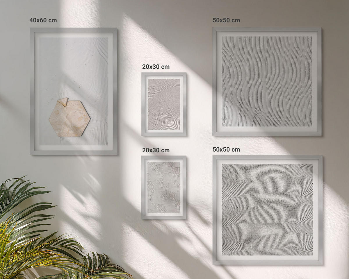BILDER SET 5er Set - 50x50 cm & 20x30 cm & 40x60 cm Silberner Rahmen - Leichte Boho-Sandtexturen - Silberfarben, Kunststoff (40/60cm) - TULUP