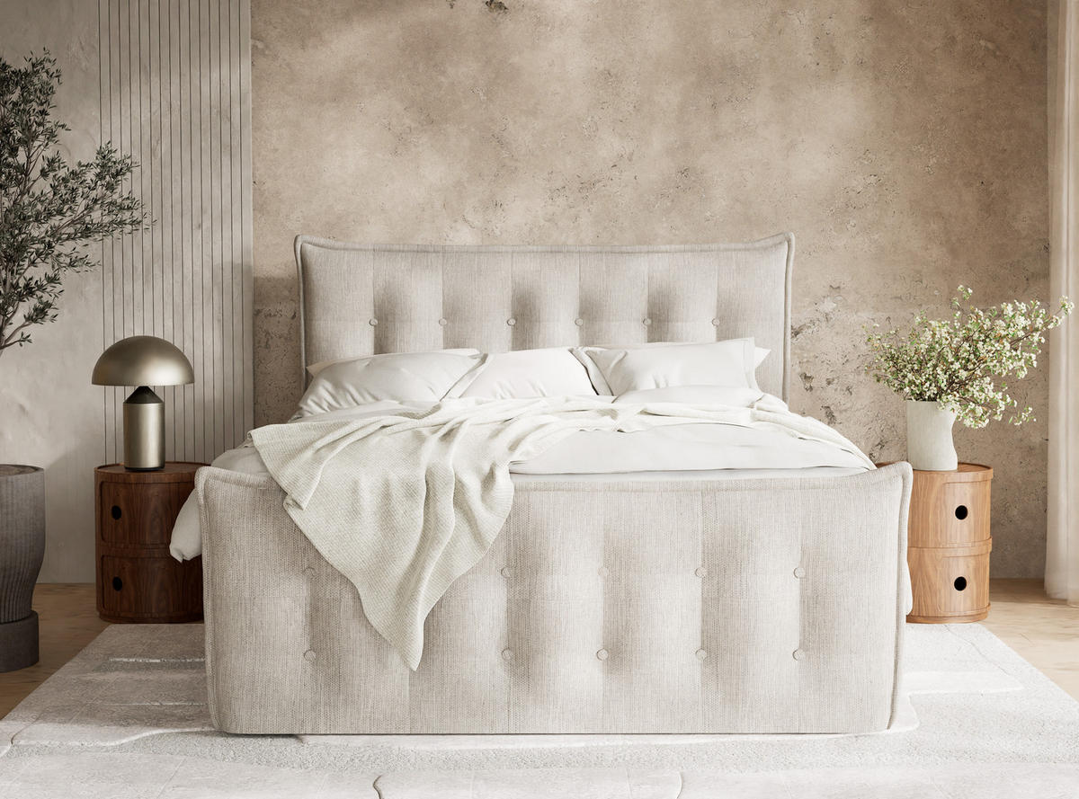 BOXSPRINGBETT Fatu 140/200 cm, in Beige, Bettkasten, Matratze, Topper - Beige/Schwarz, Holz/Holzwerkstoff (140/200cm) - Maison de Reve