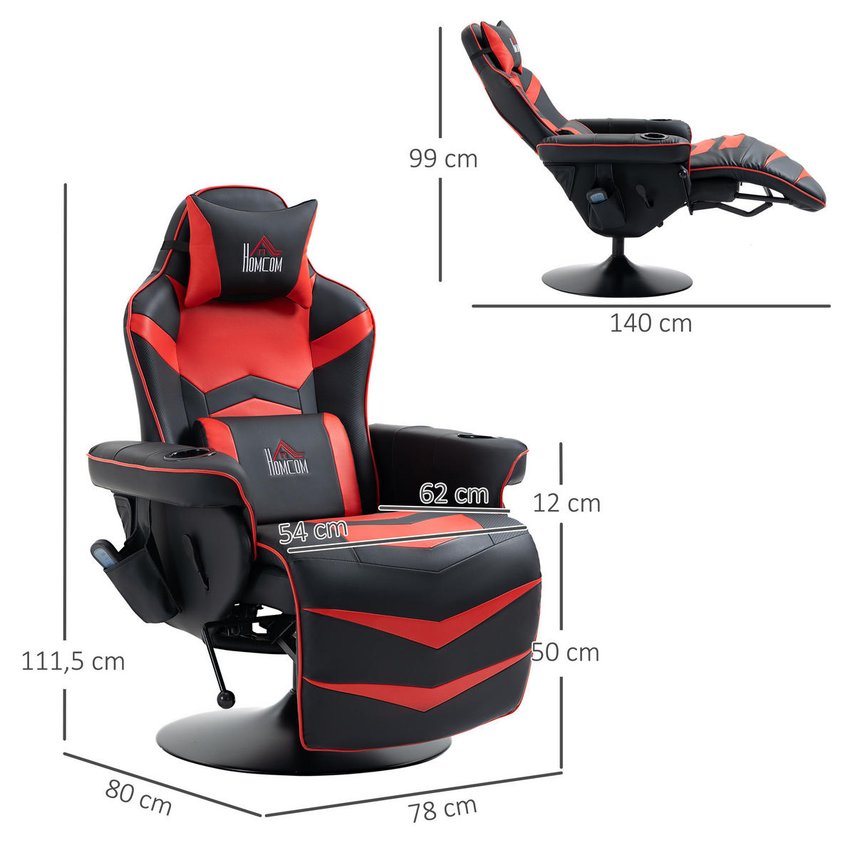 GAMINGSESSEL, Massagefunktion, neigbare Lehne, Fußstütze, Kunstleder, Stahlrahmen, Traglast 120kg, Rot - Multicolor, Holzwerkstoff (78/111.5/80cm) - FORIOUS