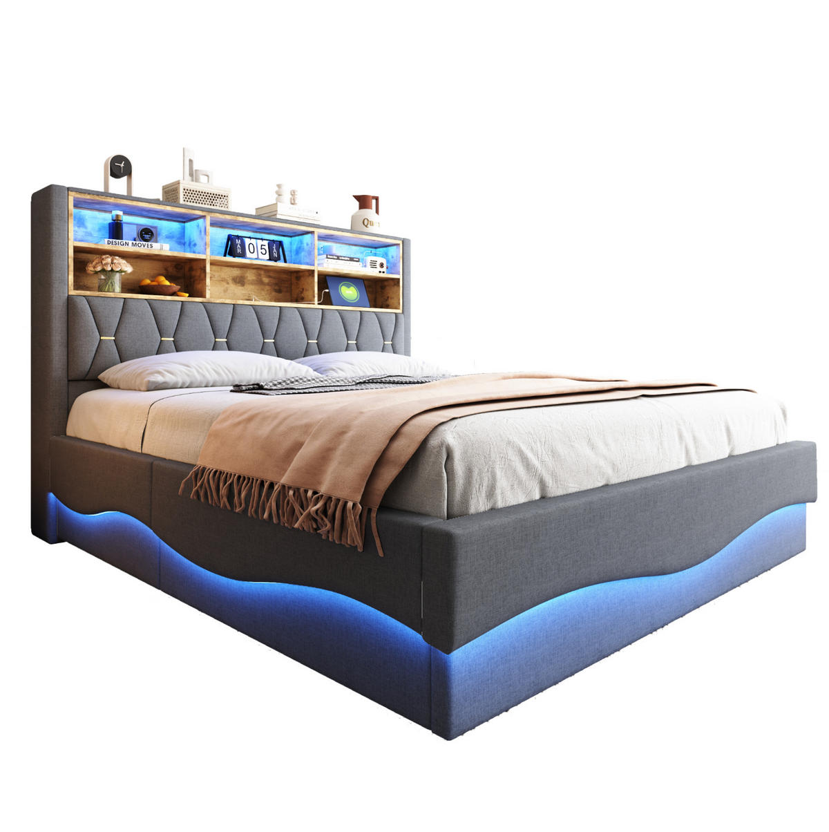 ČALÚNENÁ posteľ z ľanu a kovu 180x200 cm sivá s LED osvetlením, USB portom a hydraulickým úložným priestorom - sivá, kov (180/200cm) - Modfu