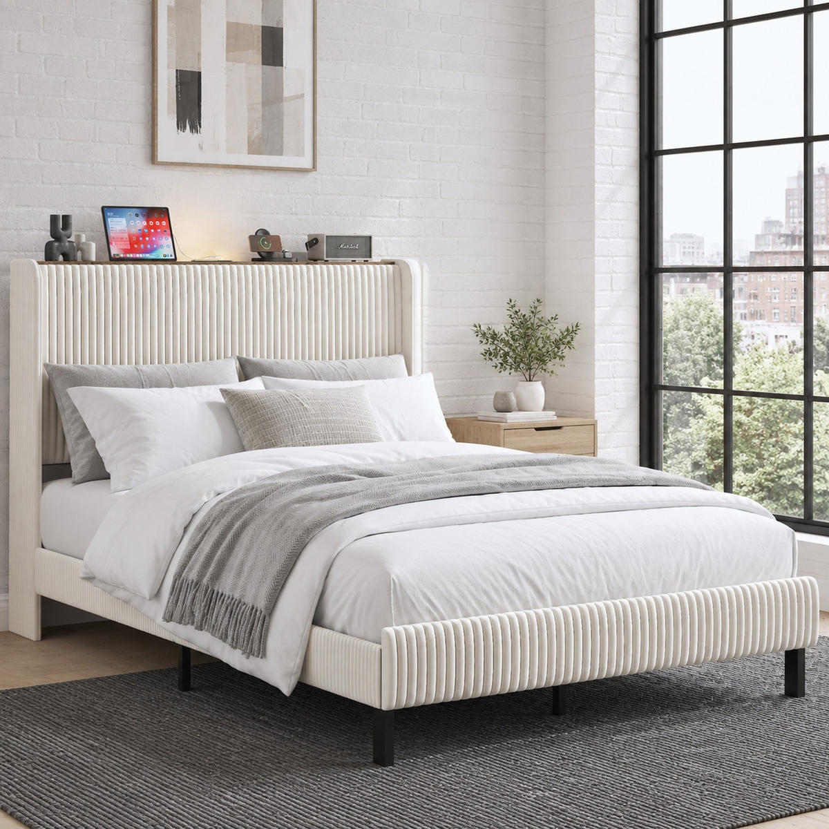 POLSTERBETT 140/200 mit gepolstertem Kopfteil und Metalllatten in Beige - Beige, Textil/Metall (140/200cm) - EVRYAE