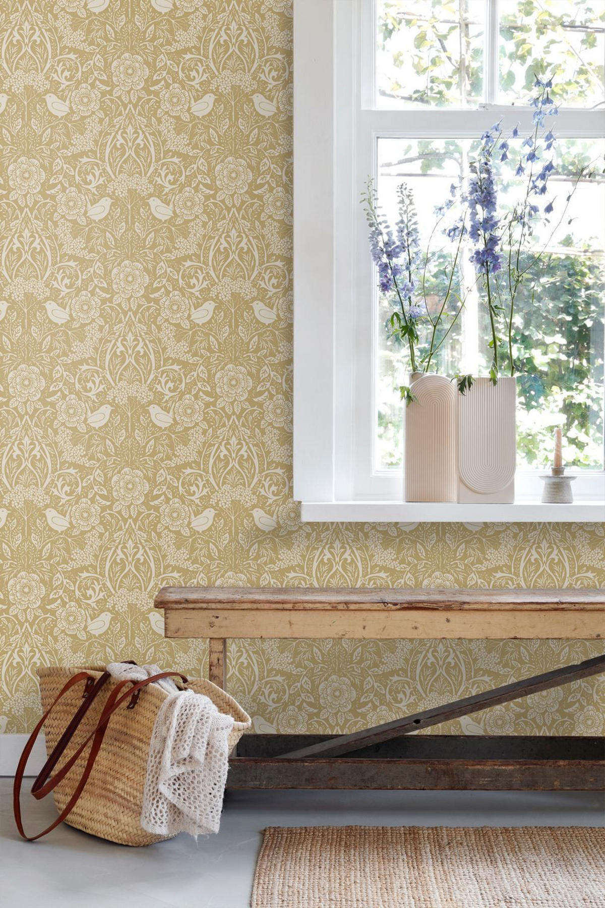 TAPETE Blumen und Vögel im Jugendstil 50 x 900 cm - Gelb, Papier (50/900cm) - ESTAhome