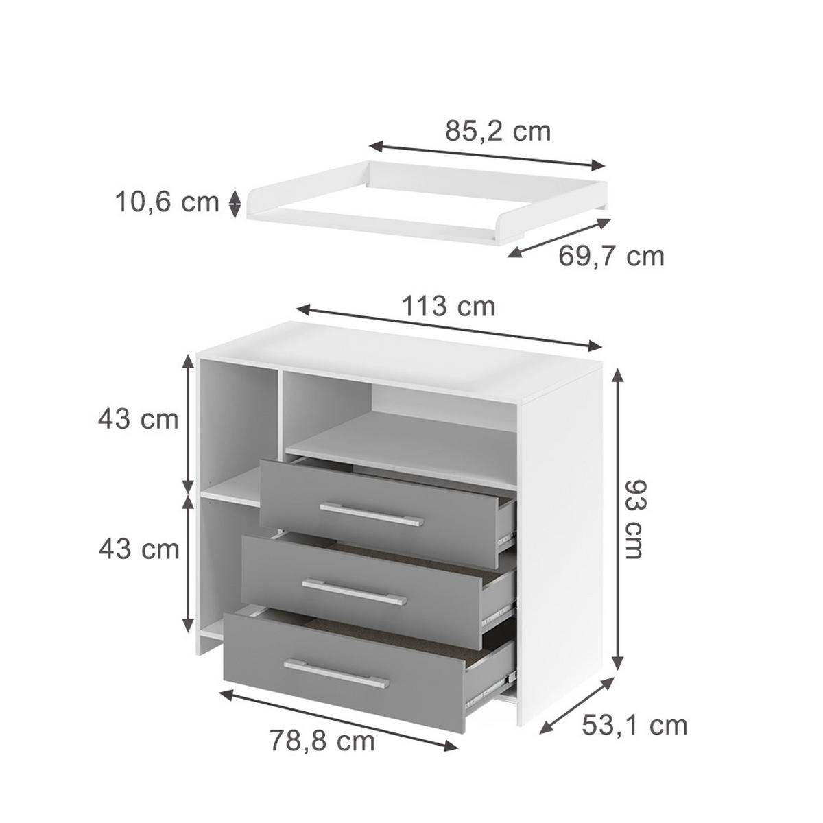 WICKELKOMMODE Oskar Weiß/Grau 113 x 100 cm - Weiß/Grau, Holzwerkstoff (113/100/53cm) - Vicco