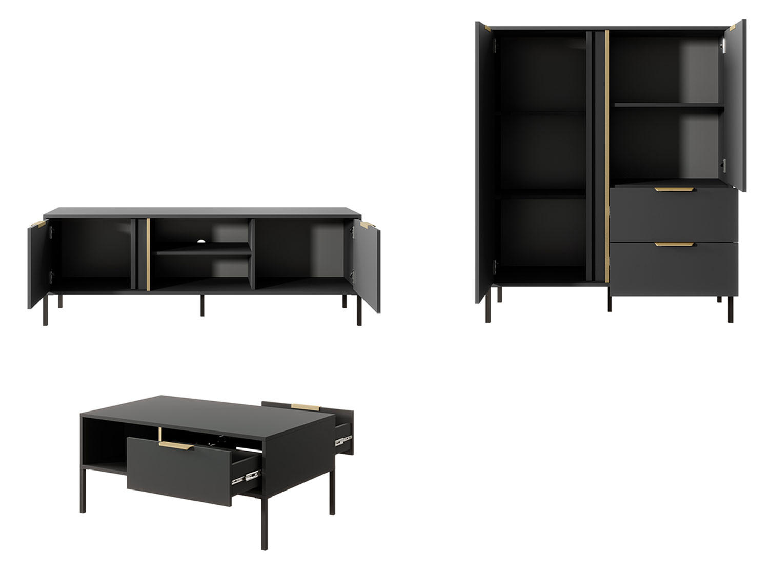 WOCHNZIMMER-SET Lars anthrazit / gold 3-teilig - Anthrazit/Grau, Holz/Holzwerkstoff (256.4/123.4/39.5cm) - Feldmann-Wohnen