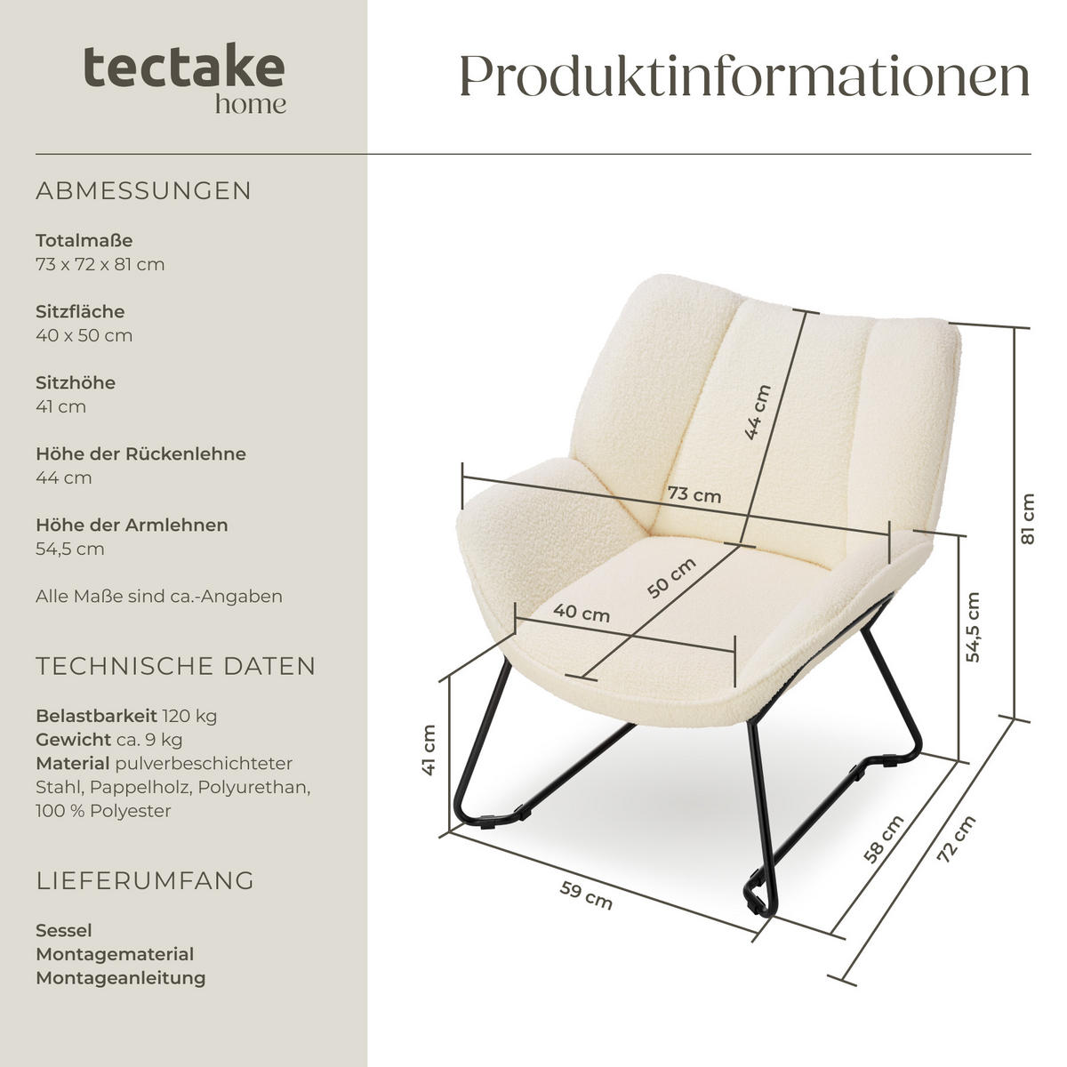 SESSEL Kjeld,73 x 72 x 81 cm,creme-weiß - Creme/Weiß, Kunststoff (73/81/72cm) - tectake