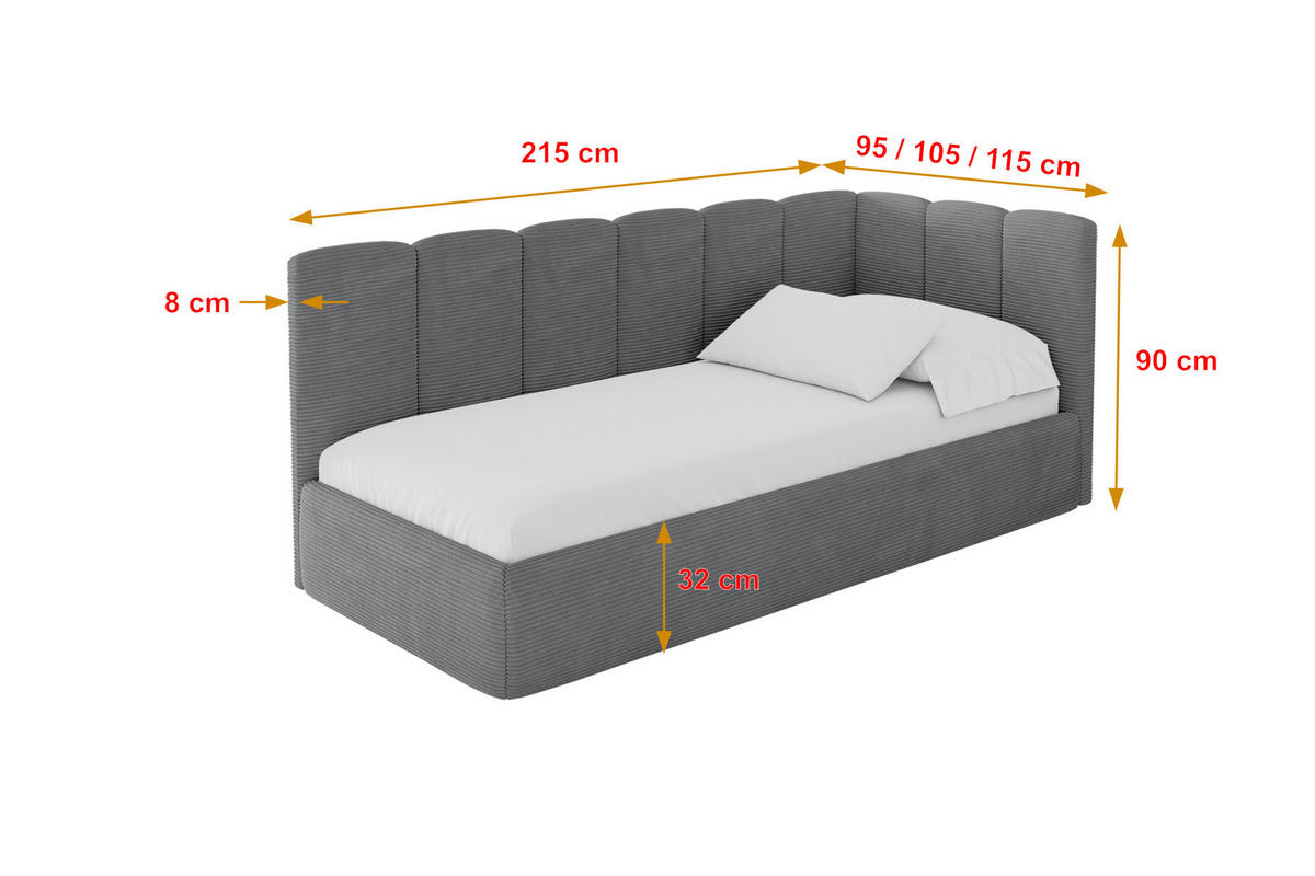 EINZELLBETT Jugendbett mit Bettkasten, Links - DEXY 90x200 Dunkelgrau - Graphitfarben, Holzwerkstoff/Textil (90/200cm) - ALTDECOR