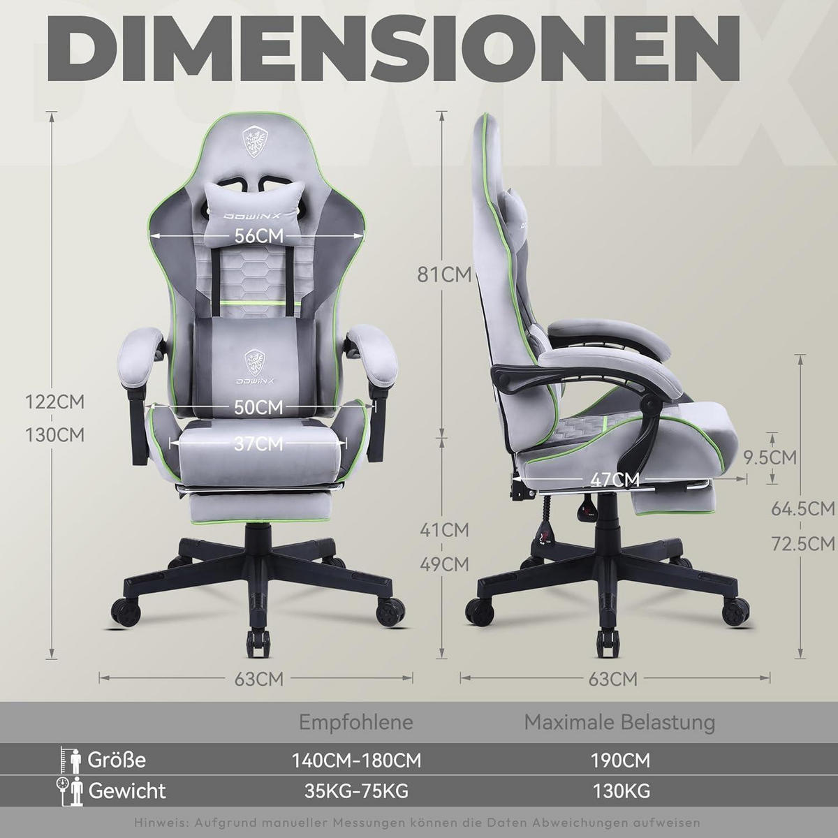 GAMING Stuhl mit Fußstütze Grau & Grün - Multicolor, Textil (63/26.5/84cm)
