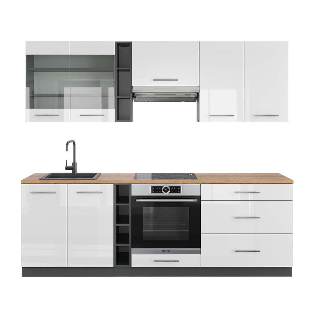 KÜCHENZEILE Fame-Line Weiß Hochglanz/Anthrazit 235 cm, AP Eiche - Weiß Hochglanz/Anthrazit, Holzwerkstoff (235/81.6/60cm) - Vicco