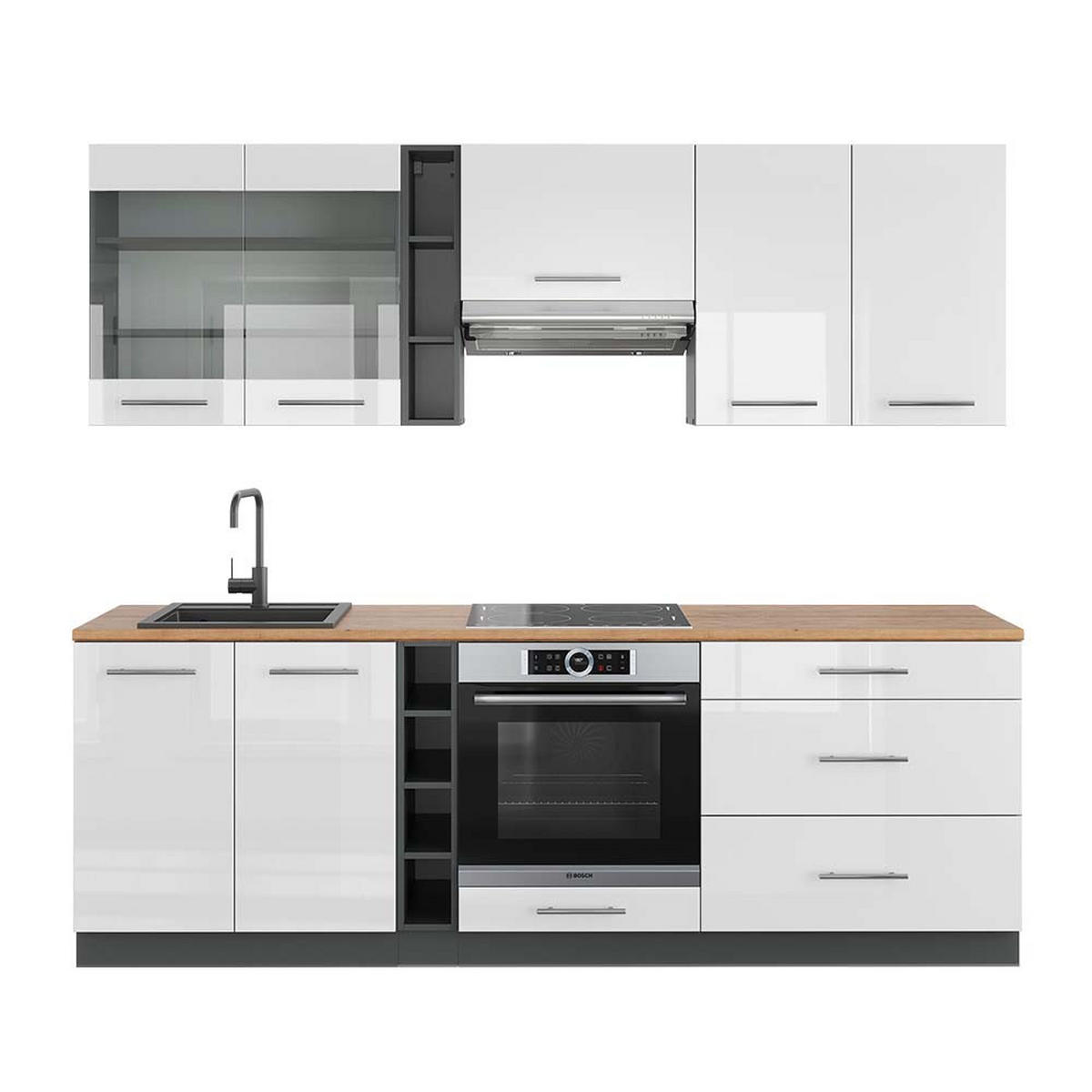 KÜCHENZEILE Fame-Line Weiß Hochglanz/Anthrazit 235 cm, AP Eiche - Weiß Hochglanz/Anthrazit, Holzwerkstoff (235/81.6/60cm) - Vicco