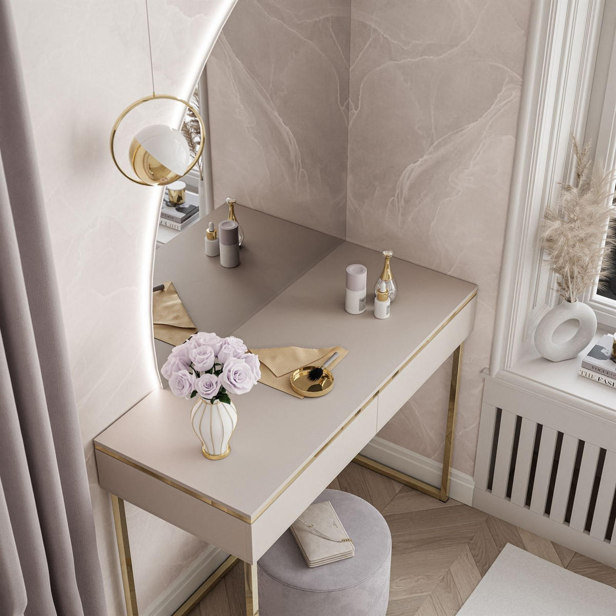 SCHMINKTISCH AURORA-Q GOLD auf goldenem Gestell mit links Spiegel - Kaschmir/Goldfarben, Holzwerkstoff/Metall (102/174/44cm) - Lookway