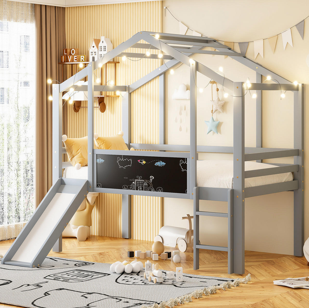 HAUSBETT 90/200 cm Grau aus Massivholz mit Rutsche und Tafel - Grau, Holz (90/200cm) - OKMYHOME