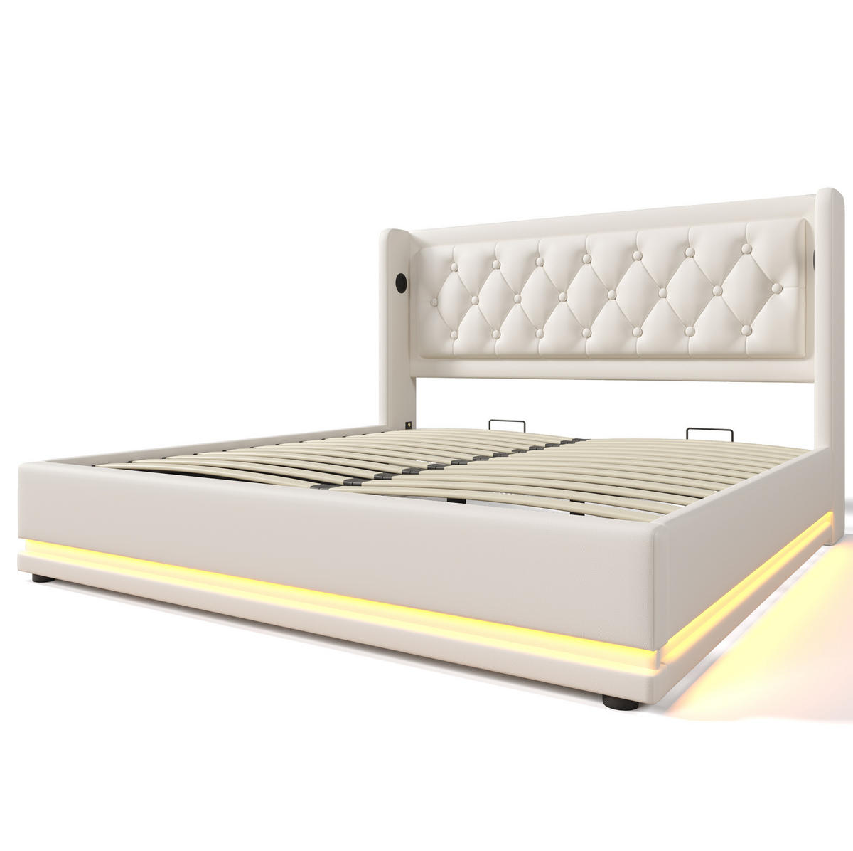 POLSTERBETT mit Stauraum USB-C und LED 140x200 cm Weiß PU inkl. Matratze - Weiß, Metall (140/200cm) - Meubliv