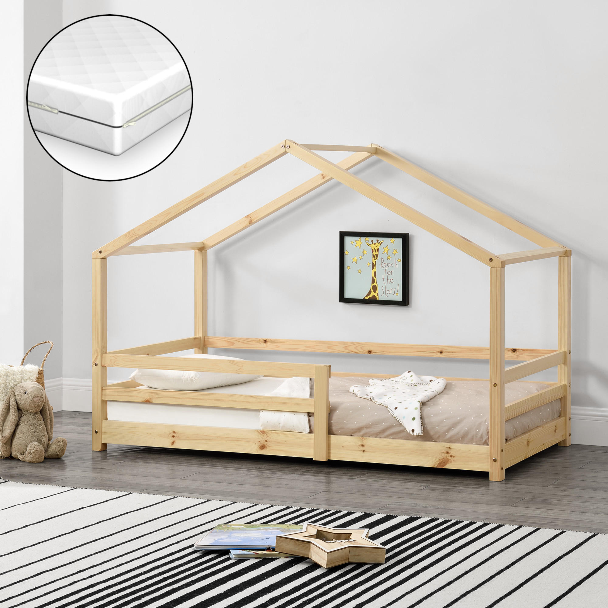 HAUSBETT Knätten mit Matratze - Naturfarben, Holz/Textil (70/140cm) - [en.casa]