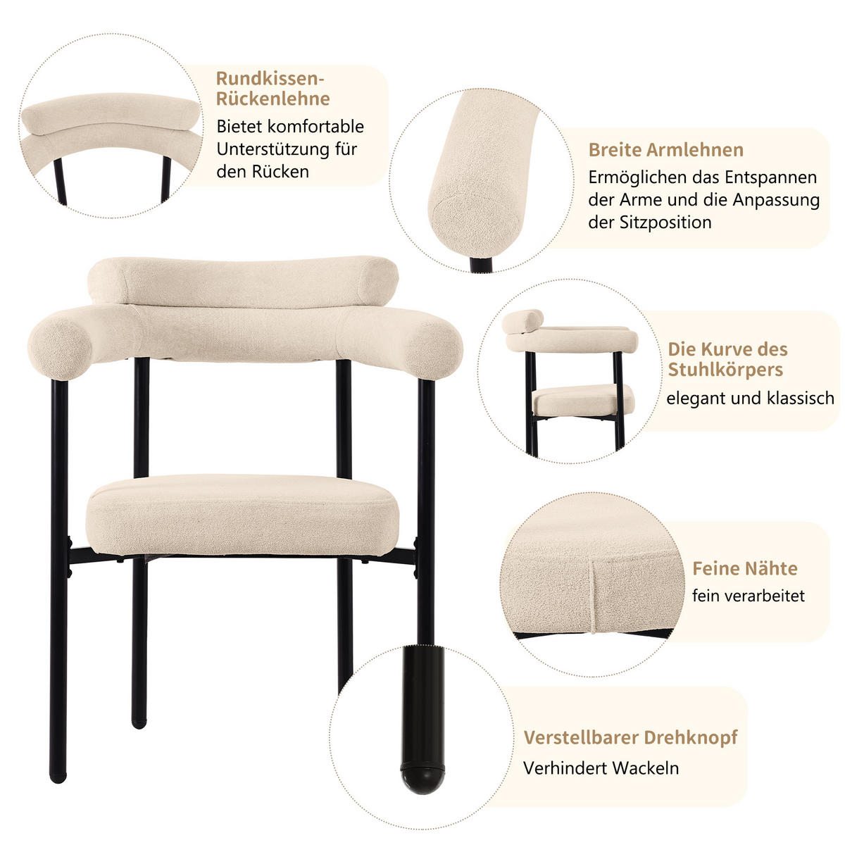 WOHNZIMMER STÜHLE mit Ringsitz Stoffbezug 6tlg Beige 70/62/84 cm - Beige, Textil (70/84/62cm) - EVRYAE