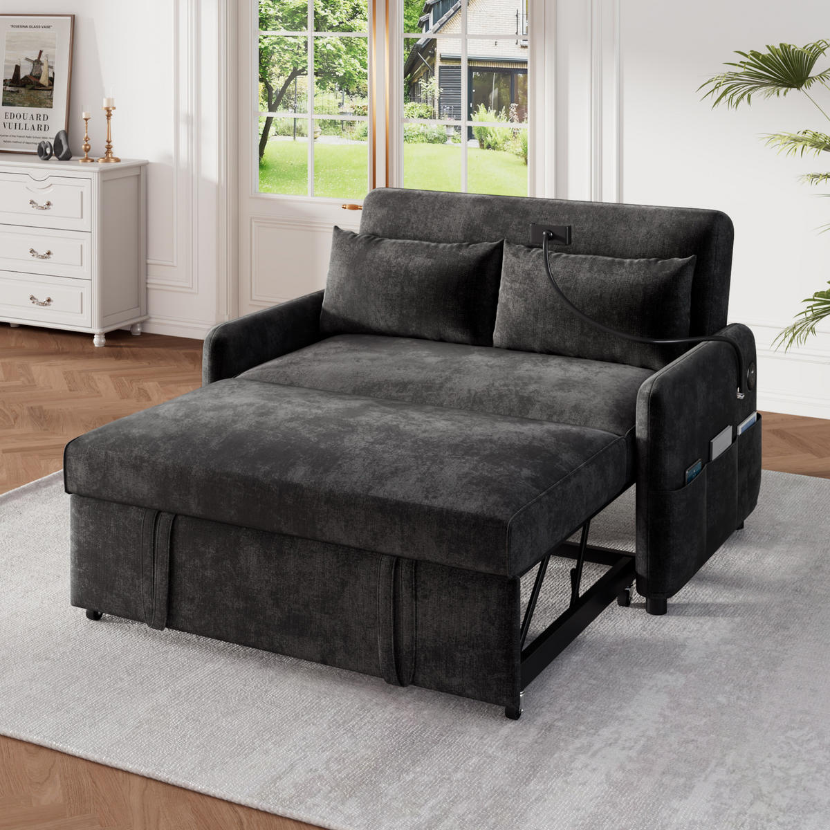 KAUČ od chenille tkanine, 129/163/81 cm siva, na razvlačenje s USB - siva, tekstil (129/81/76cm) - BEAOK