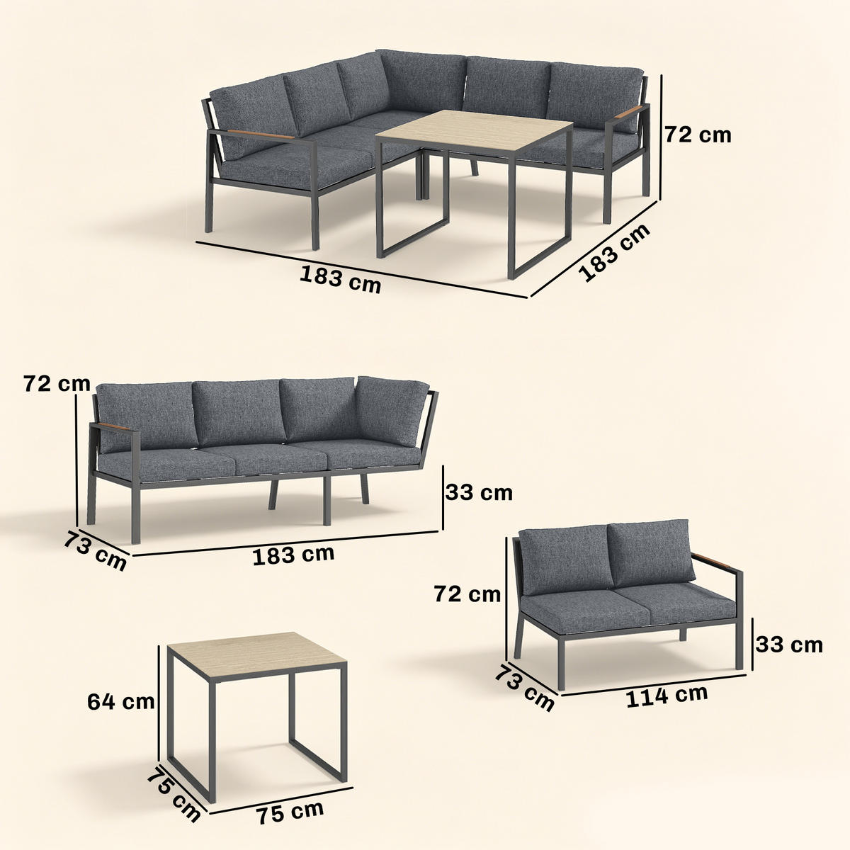 LOUNGEGARNITUR DE-13536 5-sitzig mit 2 Sofas & Tisch Dunkelgrau - Dunkelgrau, Metall - ComfortXL