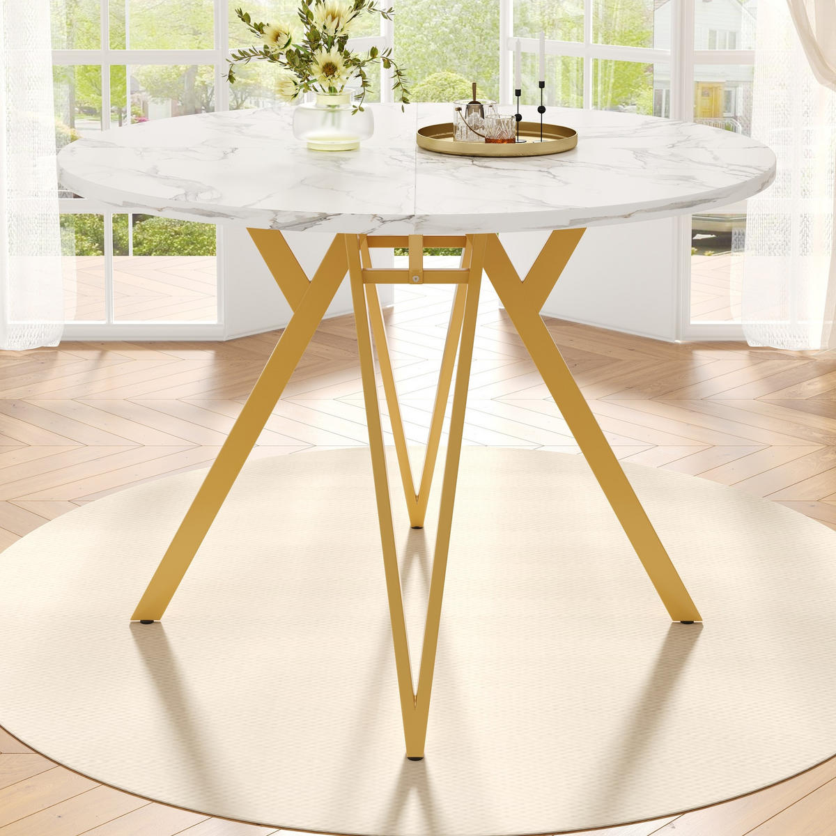 ESSTISCH rund 100/100/76 cm in Gold mit MDF-Tischplatte in Marmoroptik - Goldfarben, Holzwerkstoff (100/100/76cm) - Flora Grace