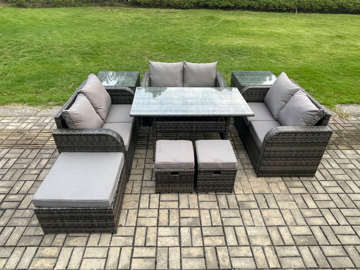 SITZGRUPPE mit Esstisch,Zweisitzer,3 Hockern,Beistelltischen Polyrattan 9-Sitzer - Dunkelgrau/Grau, Glas/Kunststoff - Fimous