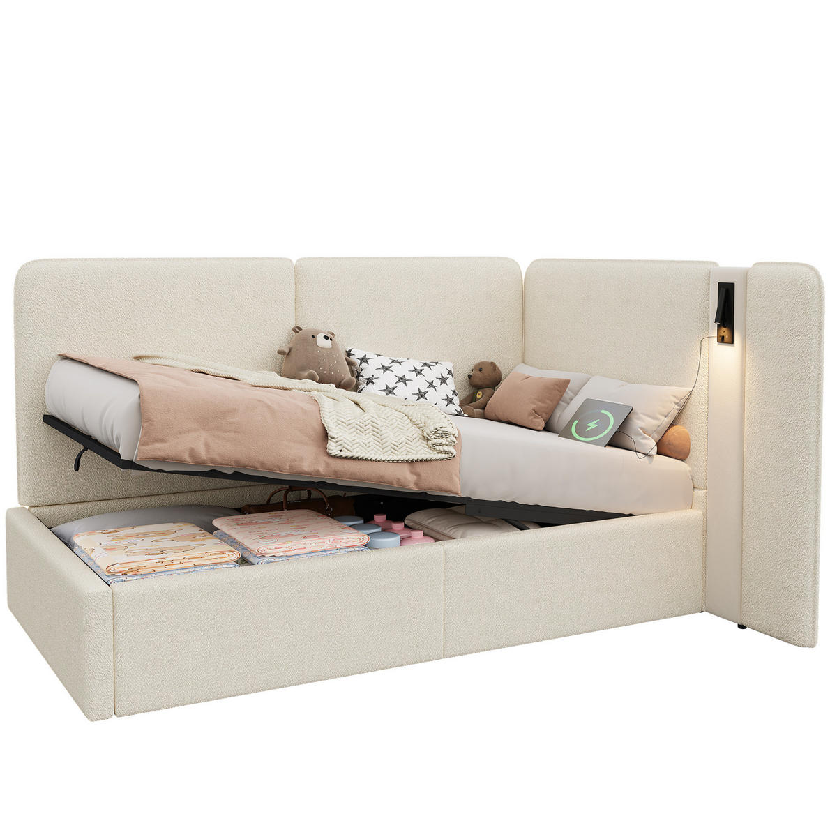 POLSTERBETT aus Schleife 90x200 cm in Beige mit Stauraum & USB/Typ-C - Beige, Textil (90/200cm) - Modfu