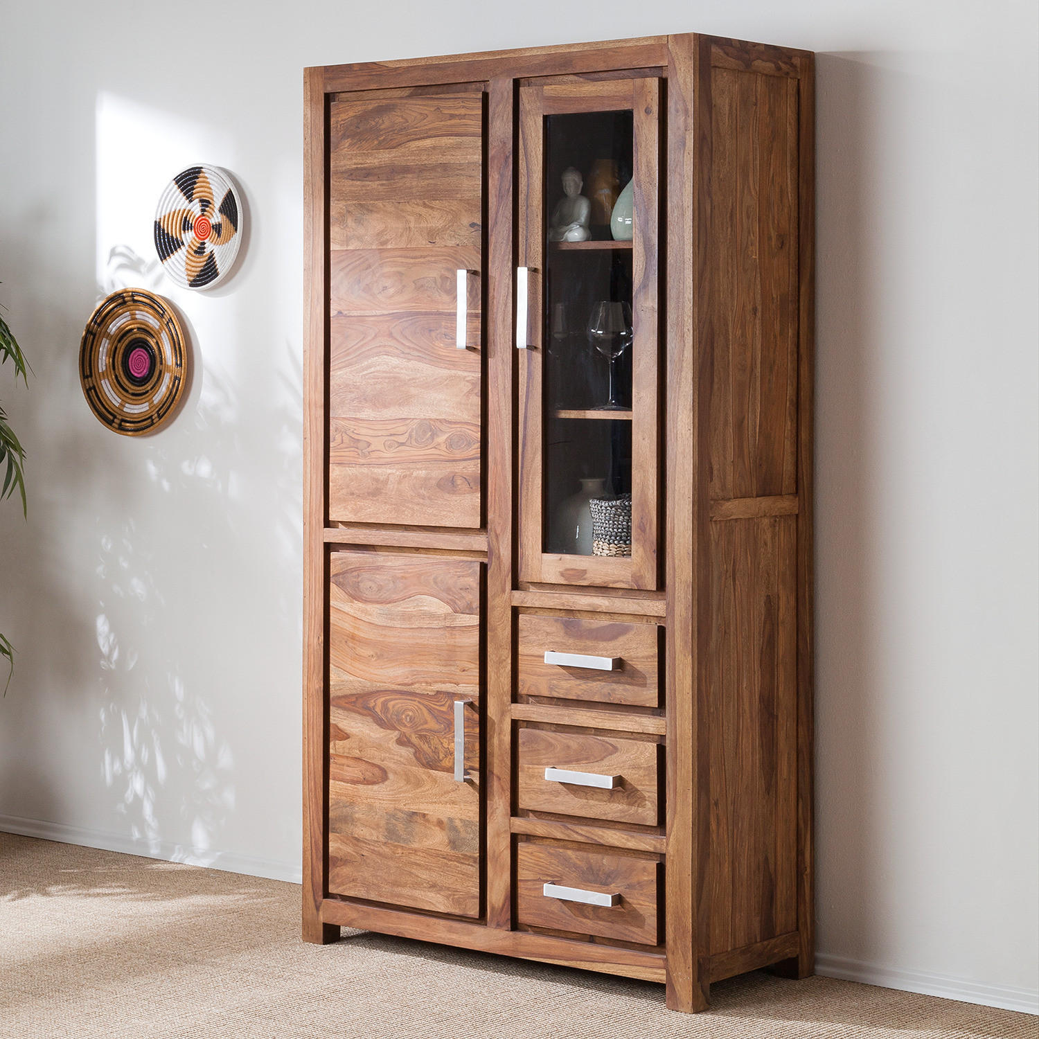VITRINENSCHRANK - Sheesham massiv - Sheeshamfarben, Holz (101/190/45cm) - home24