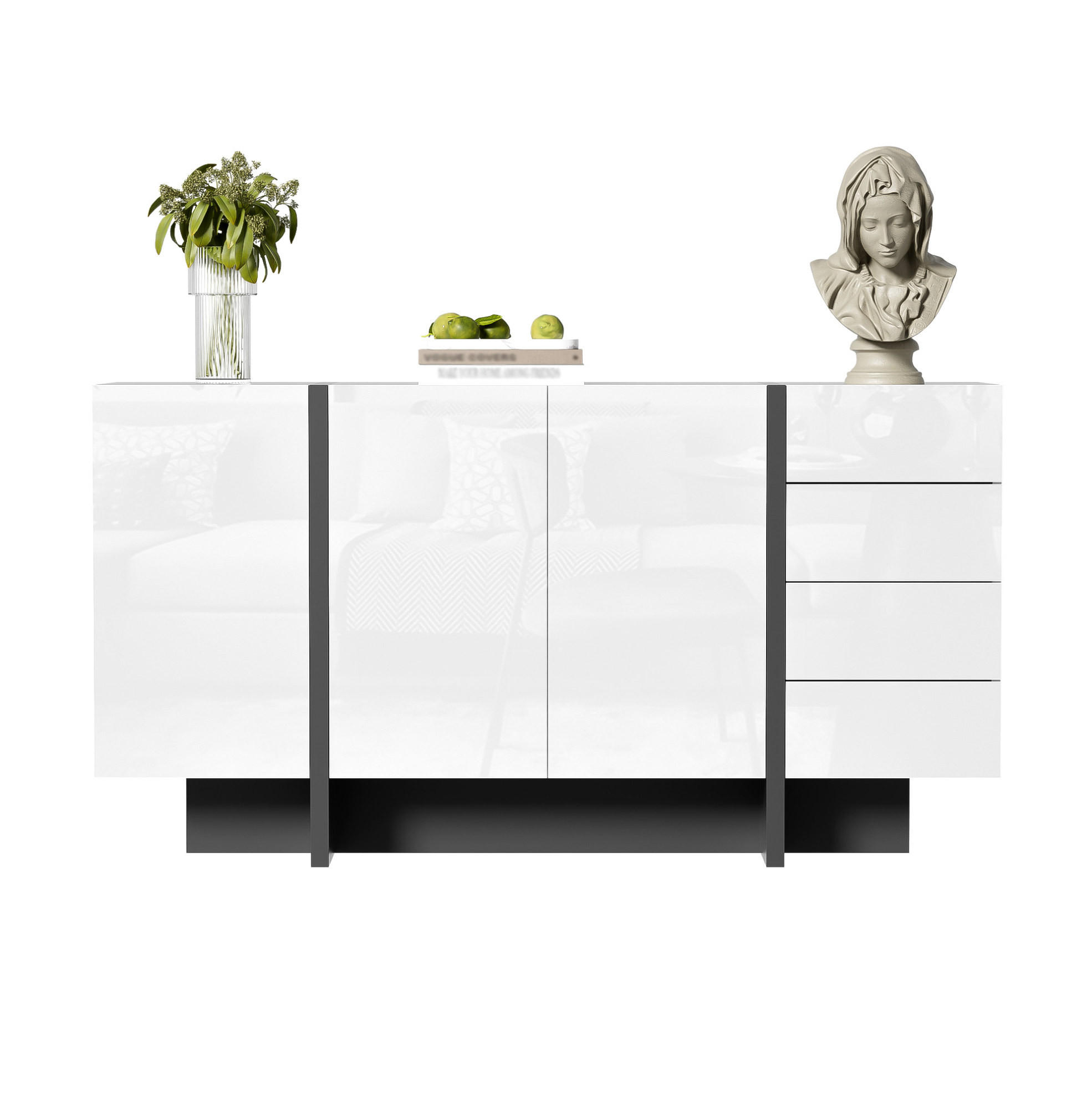 SIDEBOARD 150/40/80,5 cm in Weiß/Schwarz mit 2 Türen und 4 Schubladen - Weiß, Holzwerkstoff (150/80.5/40cm) - Flora Grace