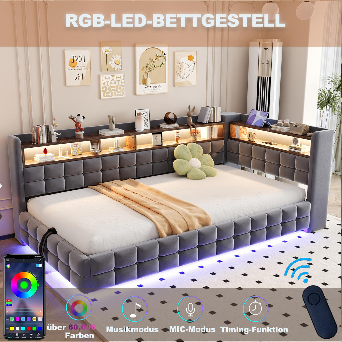 POLSTERBETT 90x200cm Schlafsofa LED Stauraum USB Samt Grau - Grau, Textil (90/200cm) - FLIEKS