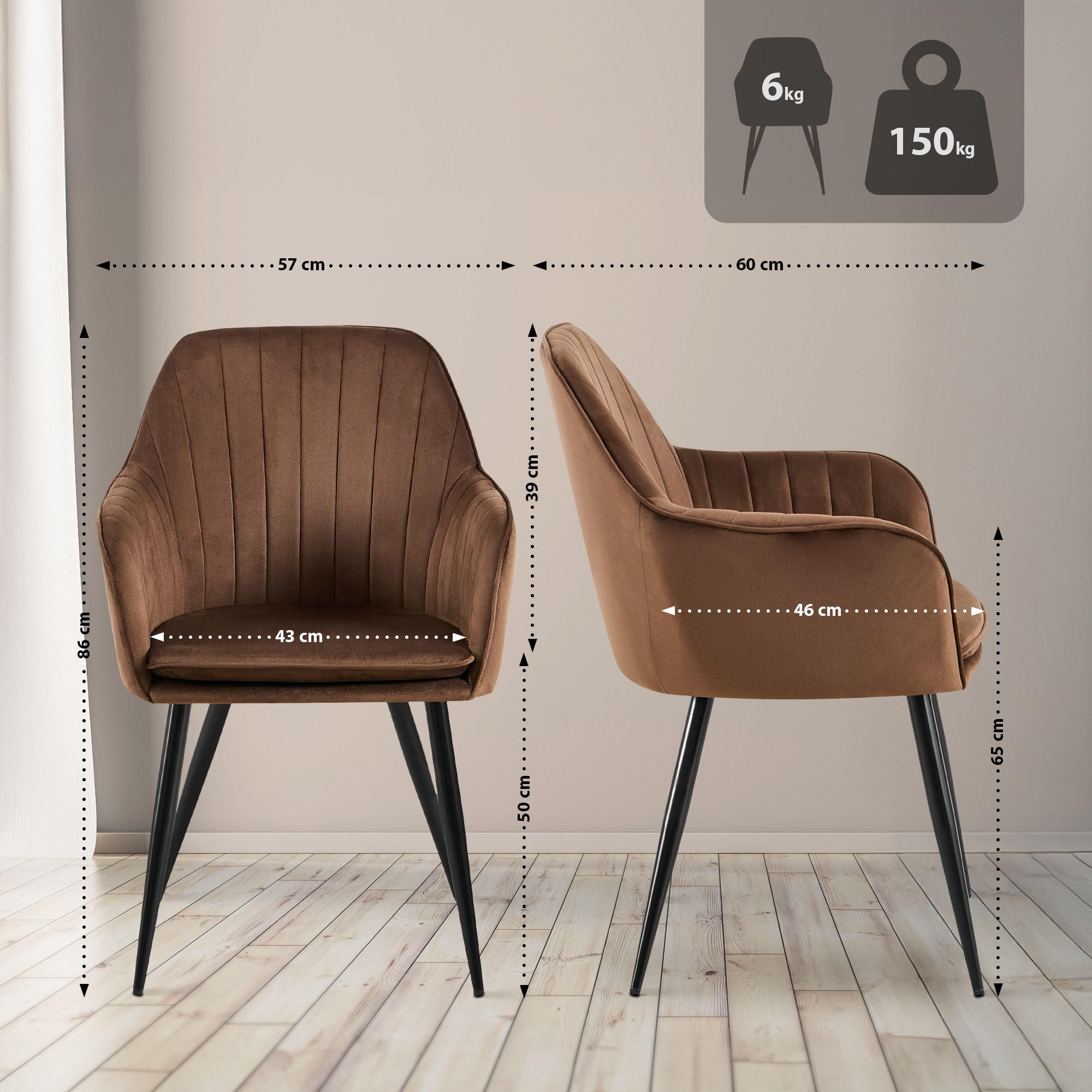 ARMLEHNENSTUHL Samt Braun - Schwarz/Braun, Textil/Metall (60/57/86cm) - CLP