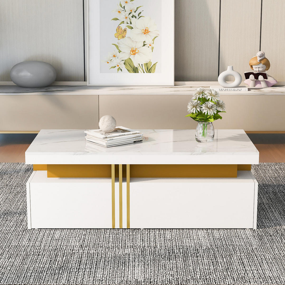 COUCHTISCH 100x50cm Weiß Hochglanz Marmorplatte 2 Holzschubladen Modern - Weiß, Holz (109.22/60.71/14.61cm) - FLIEKS