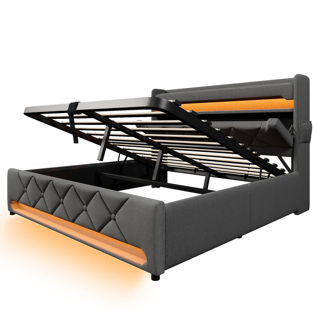 POLSTERBETT 160/200 cm mit Bettkasten, LED-Beleuchtung und USB/C in Grau - Grau, Textil (160/200cm) - BEAOK