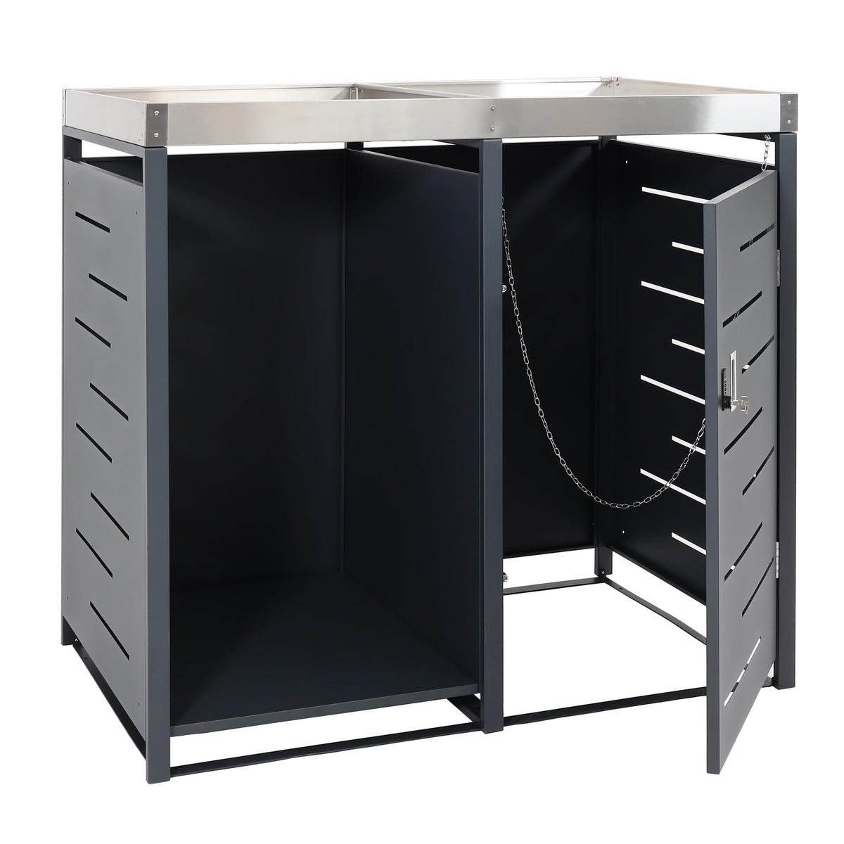 1ER-MÜLLTONNENBOX MIT HOLZLAGER rechteckig Anthrazit - Anthrazit, Metall (130/125/80cm) - MCW