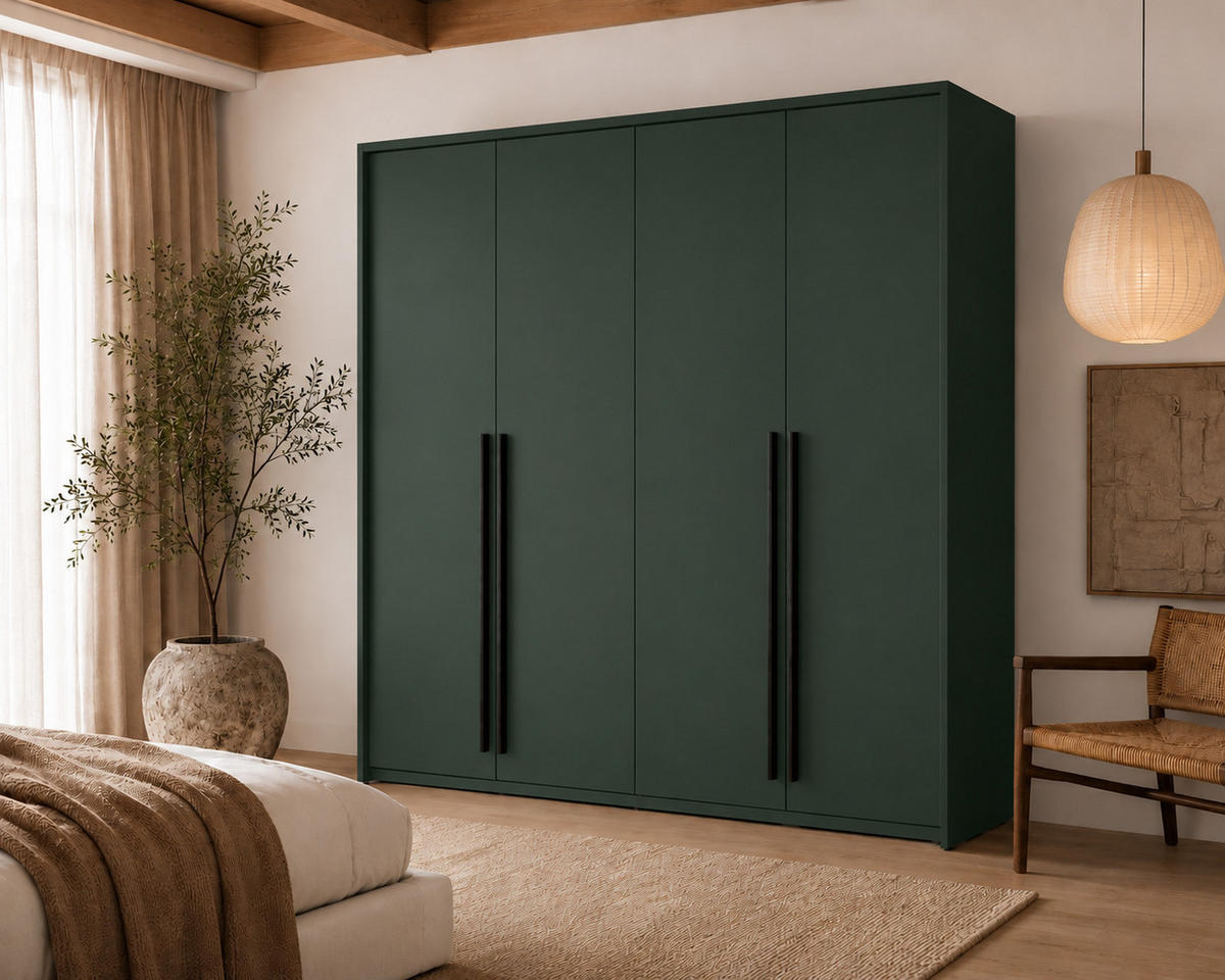 KLEIDERSCHRANK: Flaschengrün / Griffe Silber, 210 x 65 x 217,2 cm - Dunkelgrün/Silberfarben, Holzwerkstoff (210/217.2/65cm) - 3XE LIVING