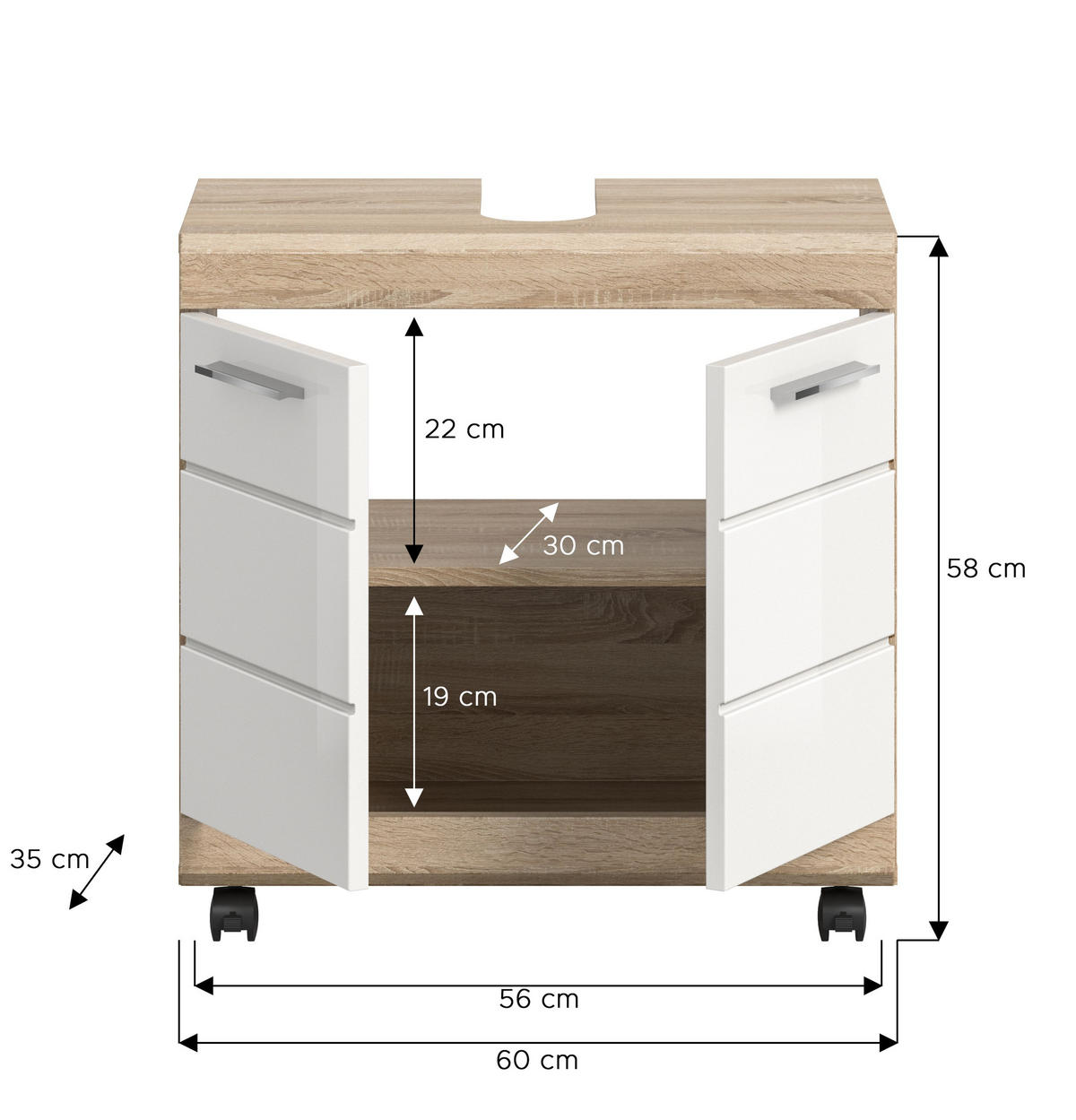 WASCHBECKENUNTERSCHRANK LAMBADA (B/H/T: ca. 60/60/34 cm) in Sonoma Eiche hell Nachbildung/weiß hochglanz - Sonoma Eiche, Holzwerkstoff (60/60/34cm)