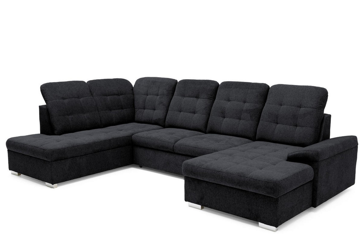 ECKSOFA U-Form OLIVIA U Links mit Schlaffunktion 124x257 Velours Schwarz - Silberfarben/Schwarz, Holz/Kunststoff (320/103/202cm) - Muffo