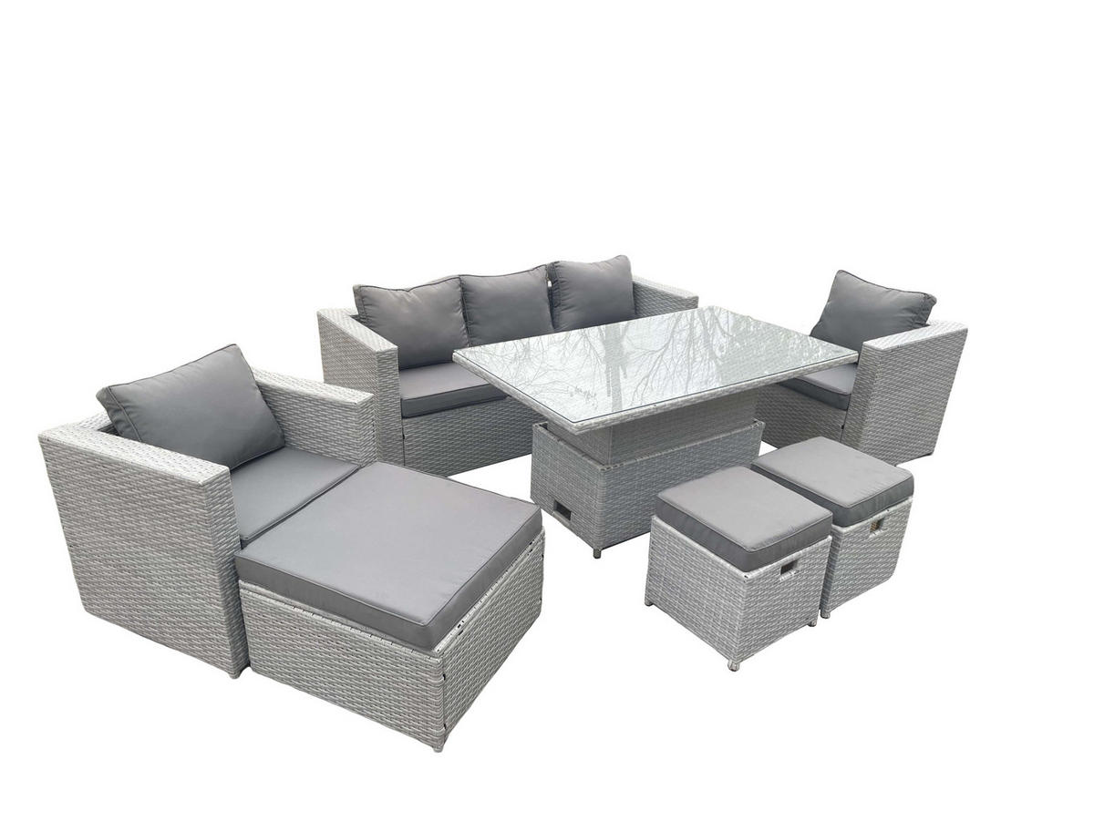 GARTENMÖBEL SET mit höhenverstellbarer Tisch Polyrattan Helles Grau 7-teilige - Hellgrau, Metall - Fimous