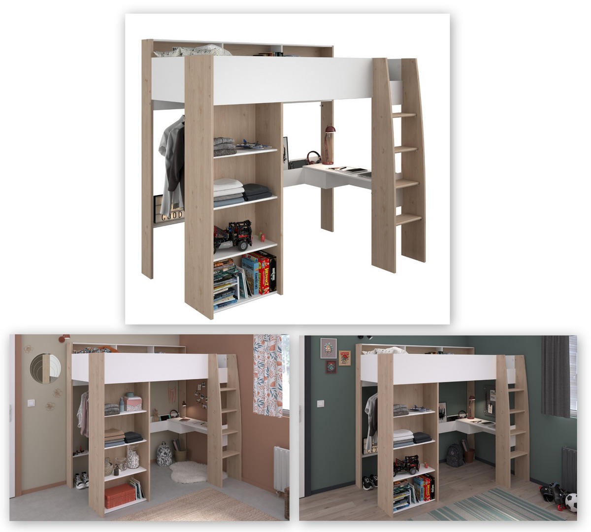 HOCHBETT Jugendzimmer Bett 90 cm mit Schreibtisch und Stauraum - Multicolor, Holz/Holzwerkstoff (90/200cm) - Parisot Meuble