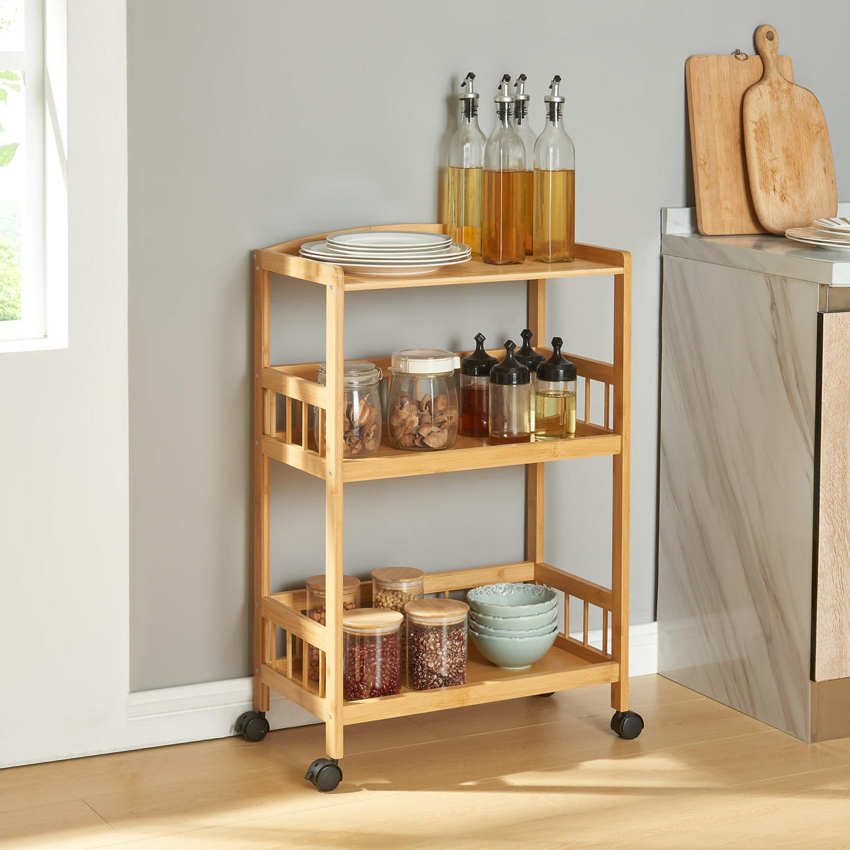 SERVIERWAGEN Huddinge - Schwarz/Naturfarben, Holz/Kunststoff (53/80/30cm) - [en.casa]