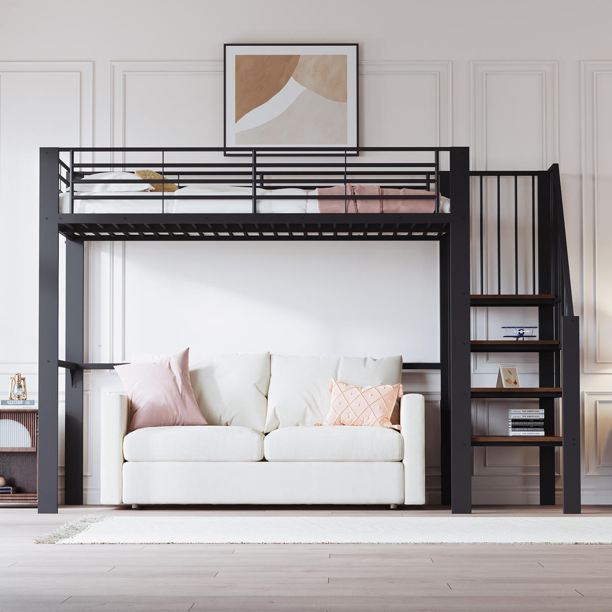 HOCHBETT 90/200 cm Schwarz mit Stauraum und Treppe aus Metall und Holz - Schwarz, Metall (90/200cm) - OKWISH