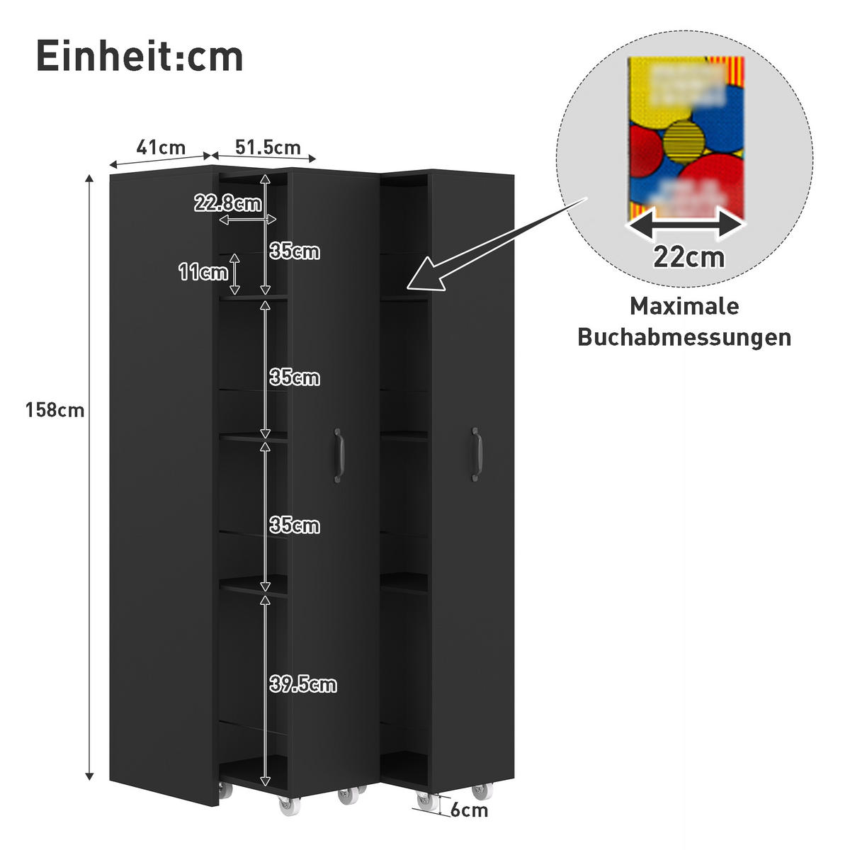 BÜCHERREGAL mit Rollen 4 Ebenen Erweiterbar MDF Modern - Schwarz, Holzwerkstoff (51.5/158/41cm) - FLIEKS