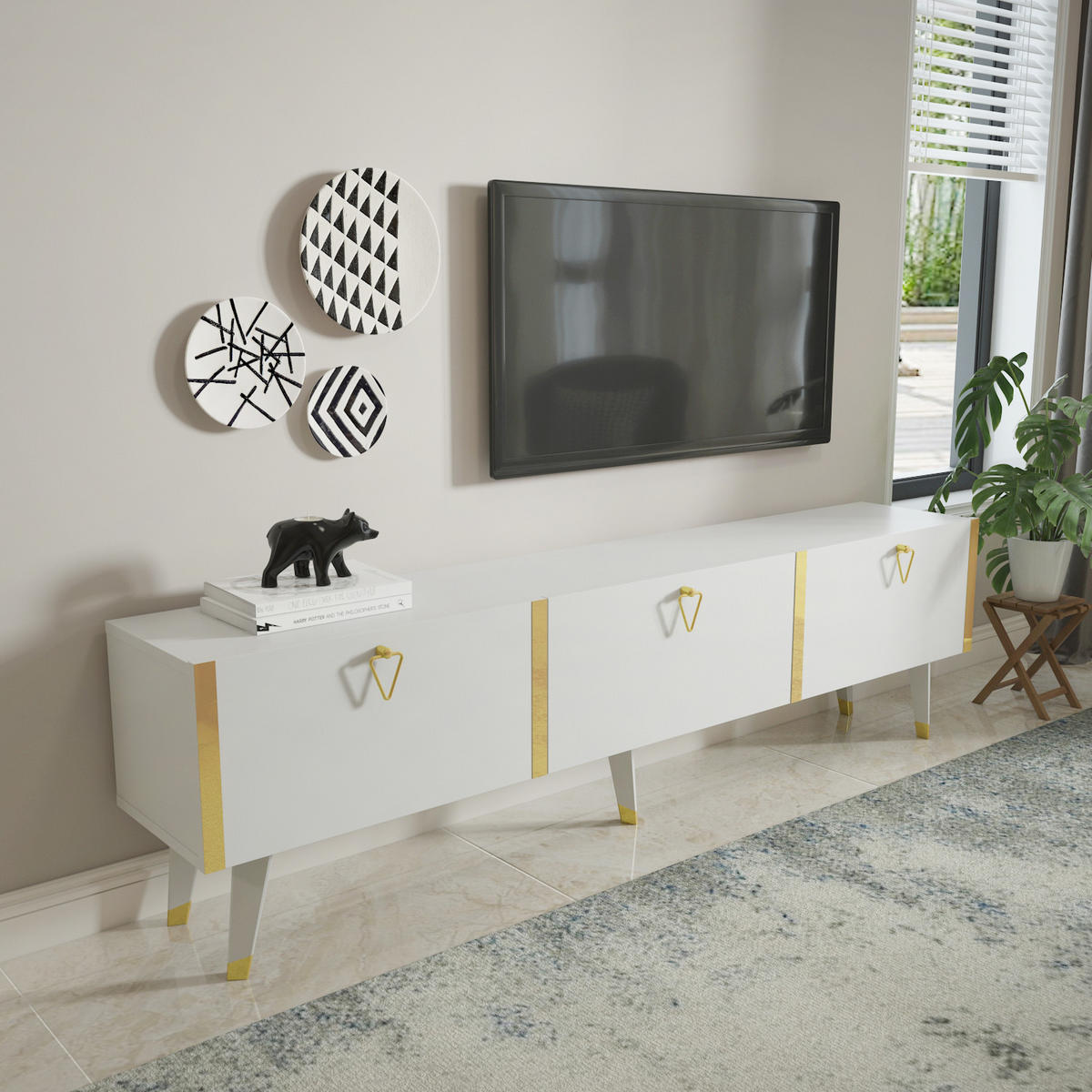 TV Stand Milagro Weıss Gold - Goldfarben, Holzwerkstoff (31.3/49.3/180cm) - Decorotika