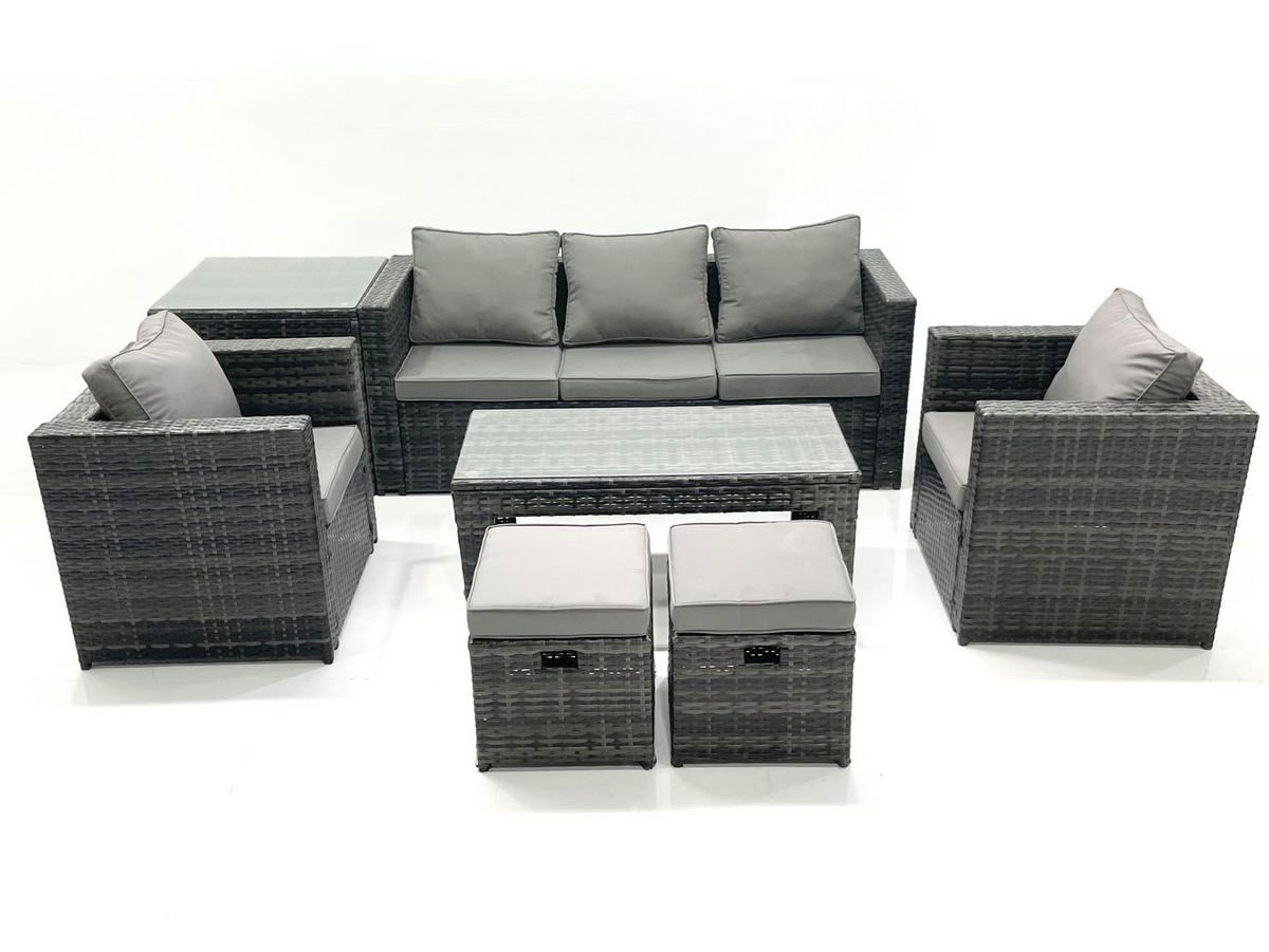 GARTENMÖBEL-SET COUCHTISCH SESSEL SOFA mit HOCKER Polyrattan Dunkelgrau Gemischt 7-Sitzer - Dunkelgrau/Grau, Glas/Kunststoff - Fimous