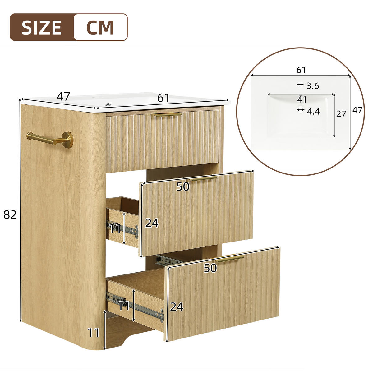 BADEZIMMERSCHRANK Holzoptik Keramik Waschbecken Schubladen 61cm - Naturfarben, Keramik (61/82/47cm) - FLIEKS