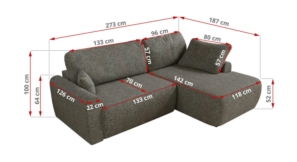 ECKSCHLAFSOFA CUBO L Grau Struktur - links - Schwarz/Grau, Kunststoff/Textil (273/187cm) - MKS