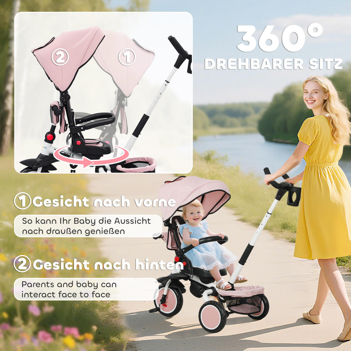 DREIRAD 6in1 mit Schubstange für 1-5 Jahre Kinderdreirad mit drehbarem Sitz Rosa - Rosa, Kunststoff (111.5/52/98cm) - AIYAPLAY