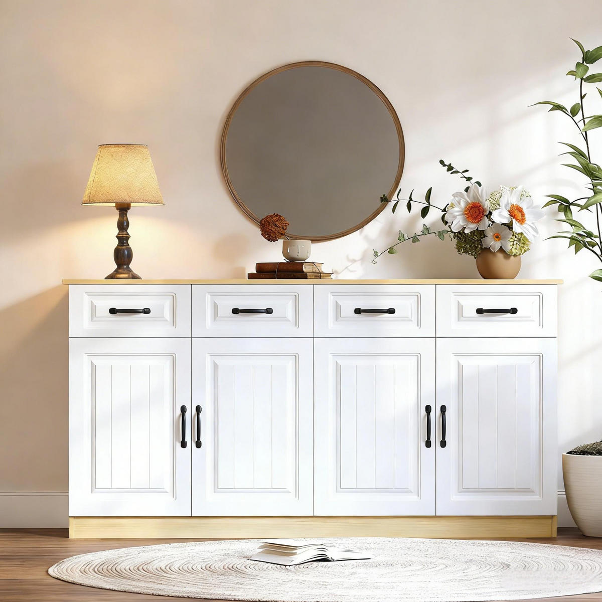 SIDEBOARD 160/35/80 cm weiß/natur aus MDF mit viel Stauraum - Weiß, Holzwerkstoff (160/80/35cm) - OKWISH