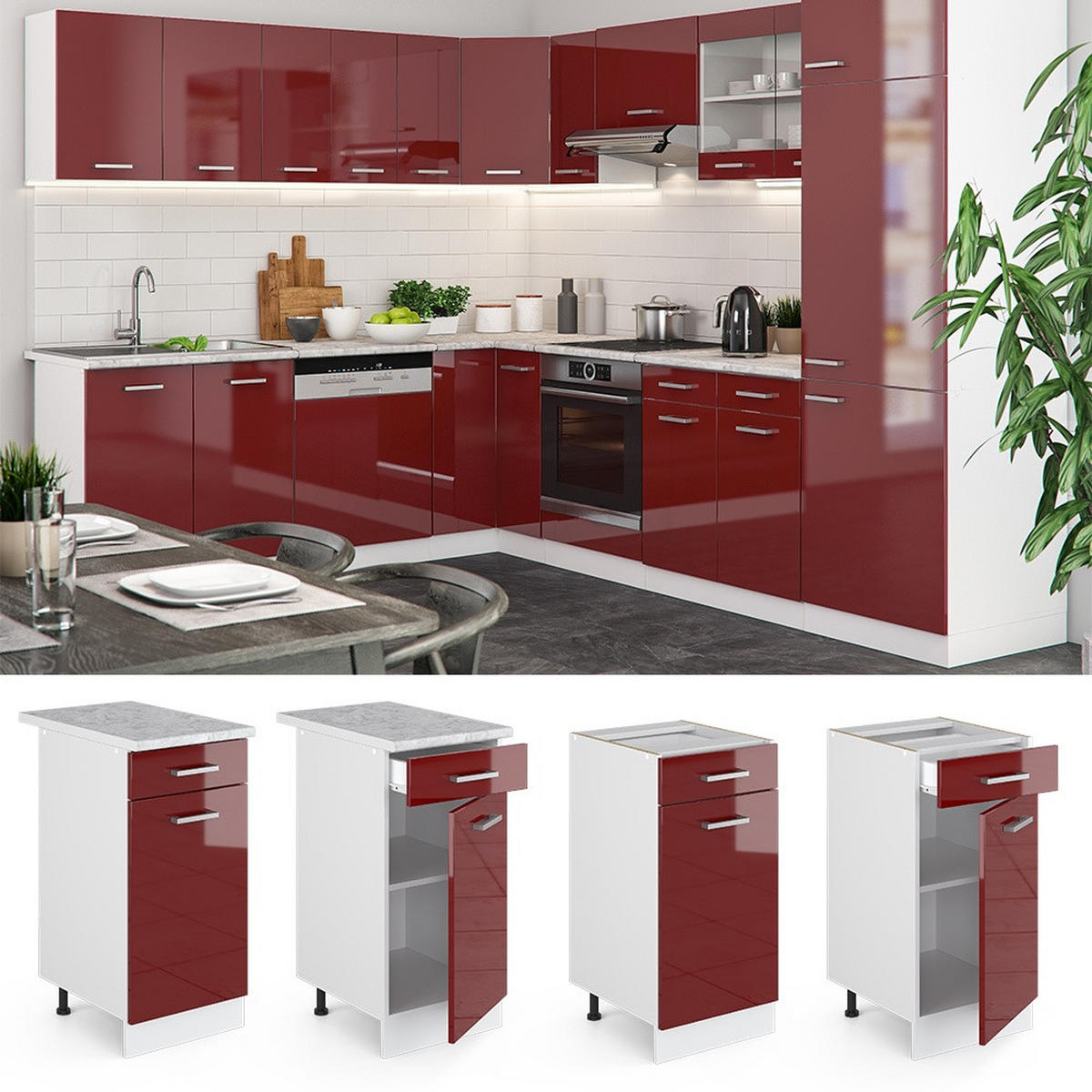 KÜCHENUNTERSCHRANK R-Line Rot Hochglanz 40 cm , AP Anthrazit - Rot/Weiß, Holzwerkstoff (40/81.6/60cm) - Vicco